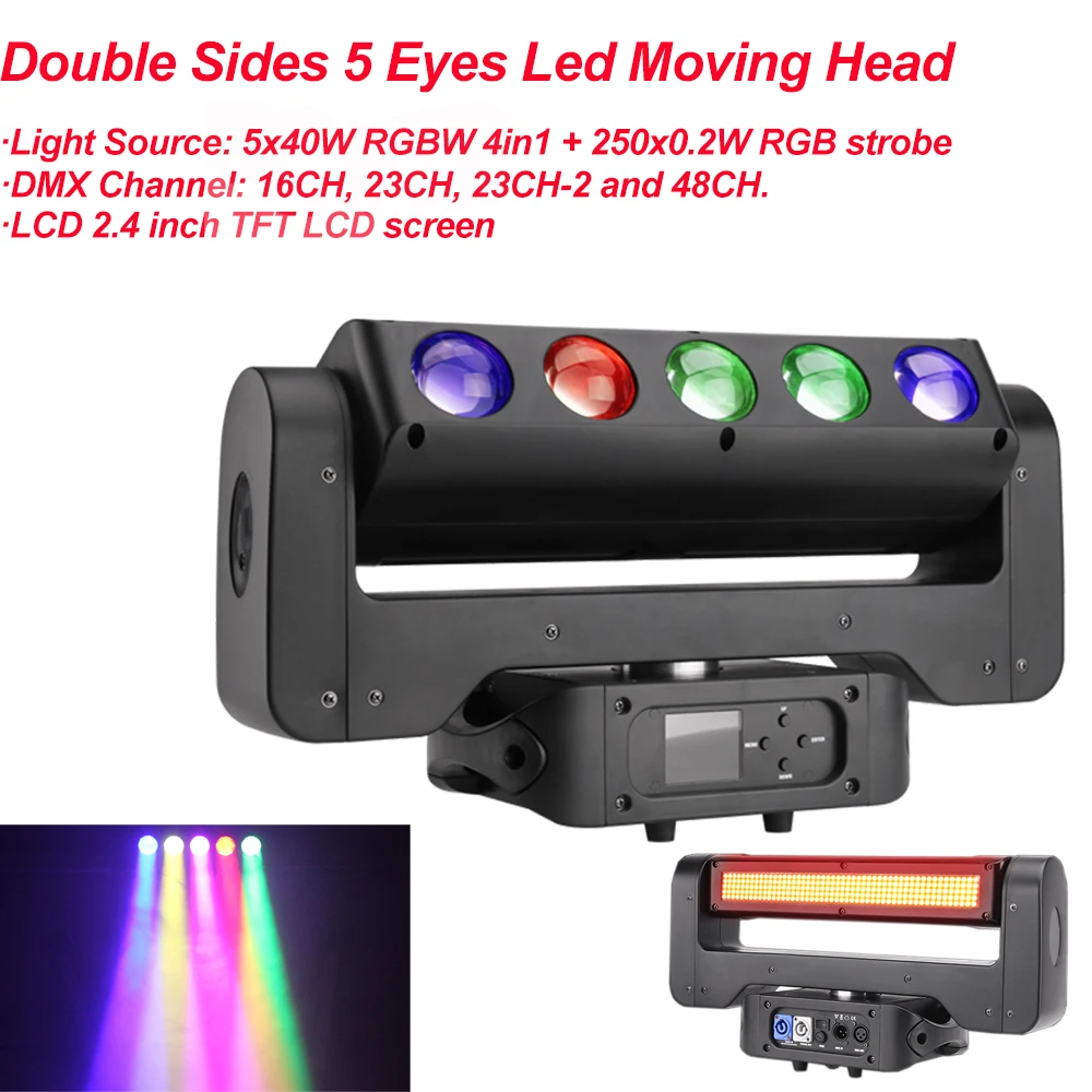 

300W Double Sides 5 Eyes LED Moving Head Light 5x40W RGBW 4in1 250x0.2W RGB strobe DMX Strobe Effect XY axis 360 Rotation Light