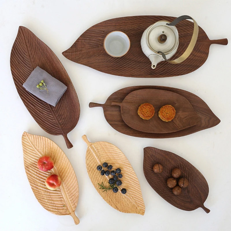 Leaf Shape Wood Storage Trays Walnut Rubber Wood Pan Plate Fruit Dishes Saucer Bread Snack Dessert Tea Tray Kitchen Dinnerware