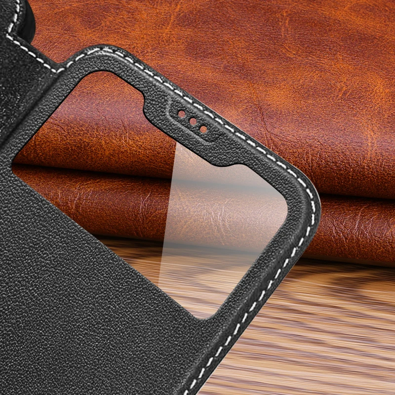 Smart View Window Flip Case for iPhone 16 15 14 13 12 11 Pro Max XR XS Plus Case Magnet Genuine Leather Free Answer Holder Cover
