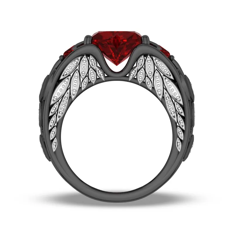 Heart Shaped Lab-created Ruby Black Gold 925 Silver Women Angel Wing Ri Women Engagement Wedding Ring Jewelry Drop shipping