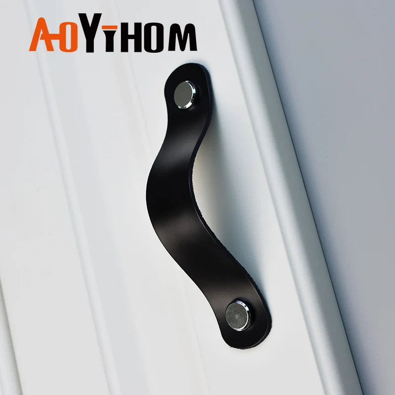 AOYIHOM 黒モダンなシンプルな家具キッチンキャビネット収納クローゼットドアハンドル革靴食器棚引き出しドレッサープル
