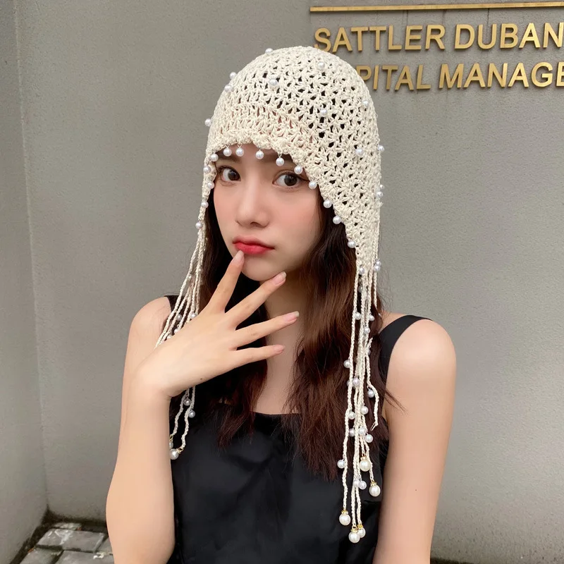 New Winter Women Hat All Seasons Knitted Beanie Hat Lady Crochet Pearl Skullies Beanies Vintage Female Tassels Beanies for Women