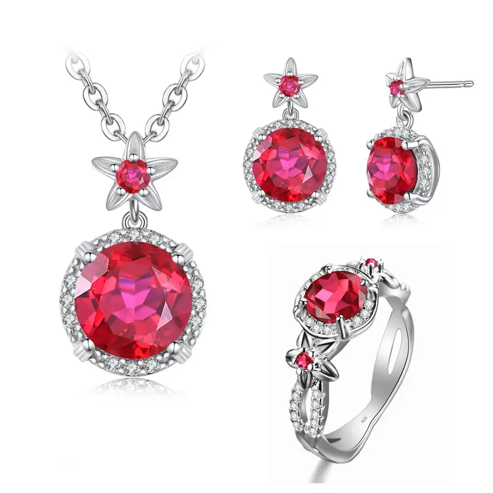 Szjinao Silver Jewelry Set For Women Real 925 Sterling Silver Flower Ruby With Zircons Earrings Pendant Ring Boho Fine Jewellery