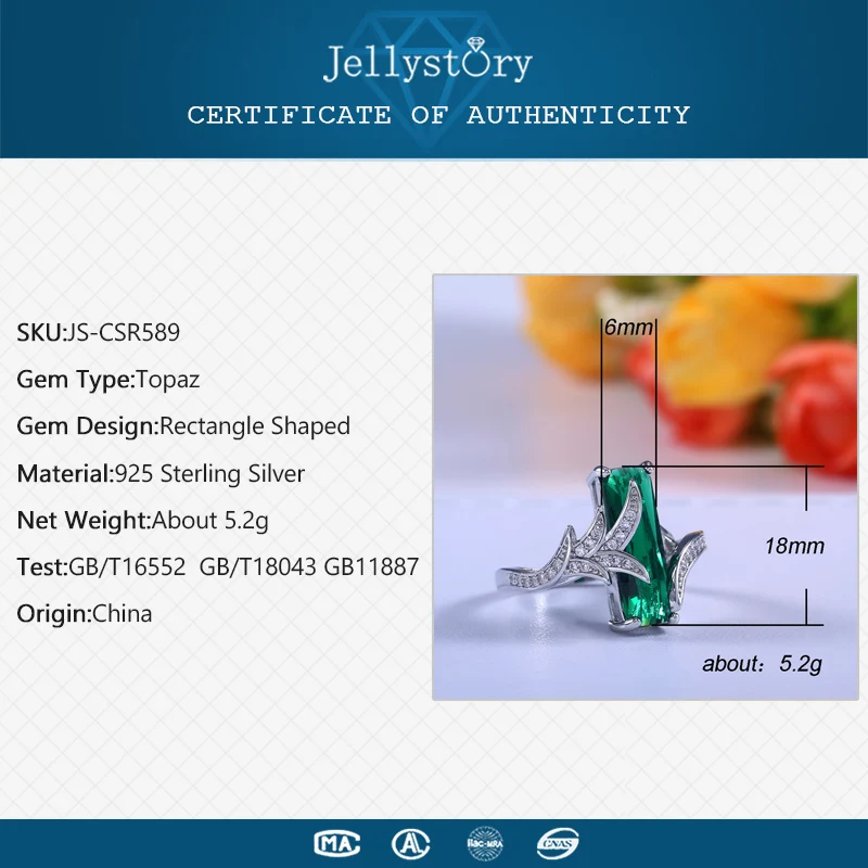 Jellystory Trendy Silver 925 Jewelry Rings with Rectangle Shape Green Topaz Gemstone Ring for Women Wedding Party Gift size 6-10