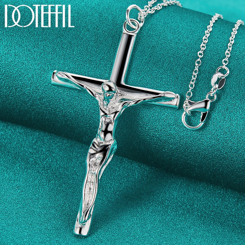 DOTEFFIL 925 Sterling Silver Jesus Cross Pendant Necklace 16/18/20/22/24/26/30 Inch Chain For Woman Man Charm Wedding Jewelry