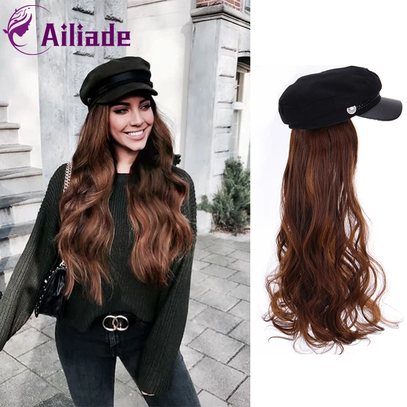 AILIADE-Perruques Synthétiques sulfDroites et Ondulées avec Béret, Chapeau Marine, Chapeau à la Mode, Bonnet d\'Automne et d\'Hiver, Extensions de