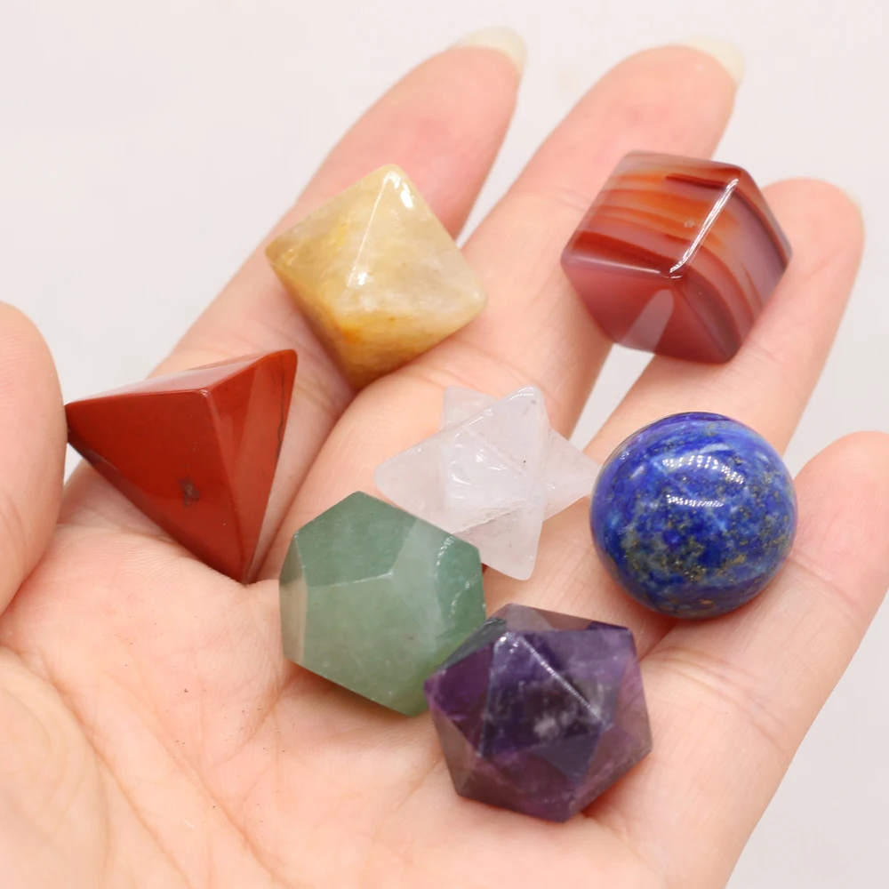 7pc/set Natural Stone 7 Chakras Amethysts Platonic Solids Energy Stone Icosahedron Merkaba Crystal for Yoga Meditation Therapy