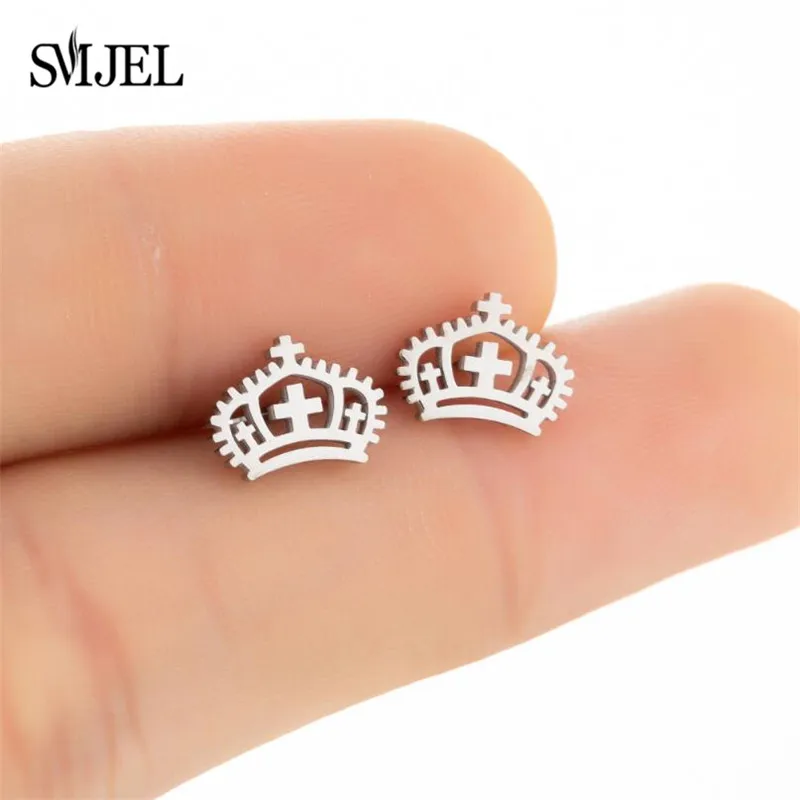 New Fashion Stainless Steel Crown Stud Earrings Cross Charm Wedding Jewelry Best Birthday Gift For Women Girls Doctor Nurse