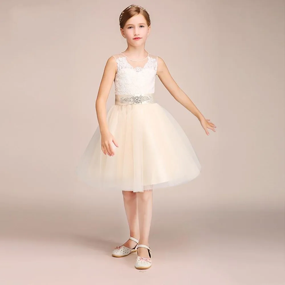 Champagne Flower Girl Dresses For Weddings Sheer Neck See Through Appliques Sash Short Girls Pageant Dress Child Birthday Prom G