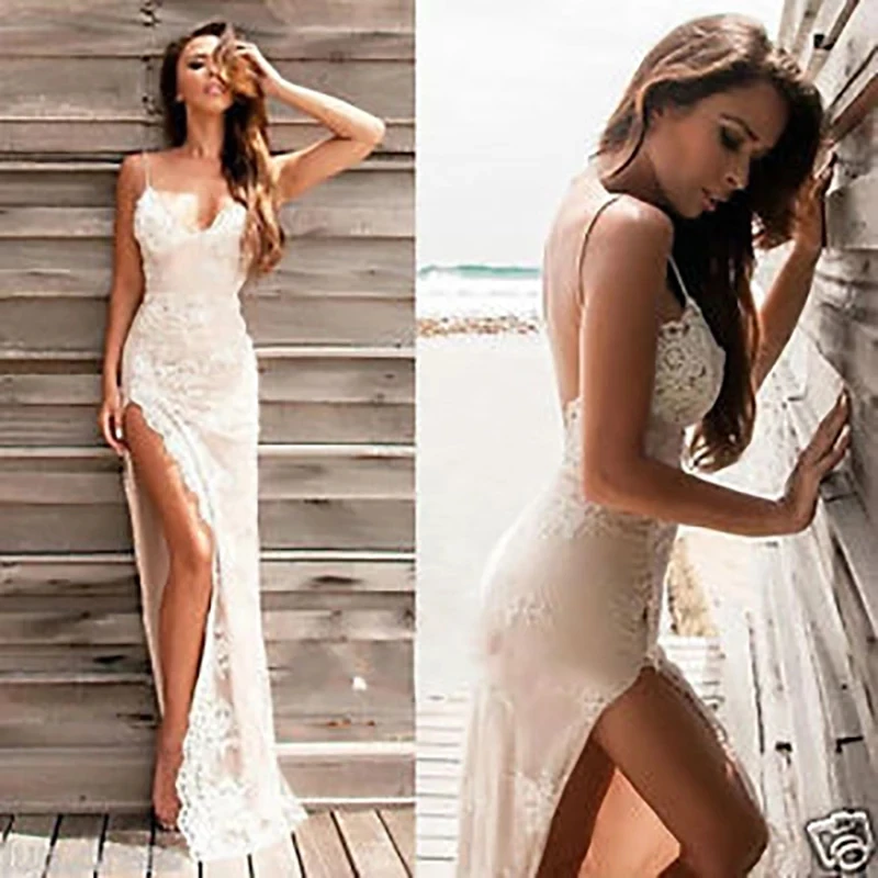 Vestidos De Novia De encaje Vintage para mujer, ropa De Novia Sexy con abertura alta, cuello en V, con tirantes finos, vestidos blancos