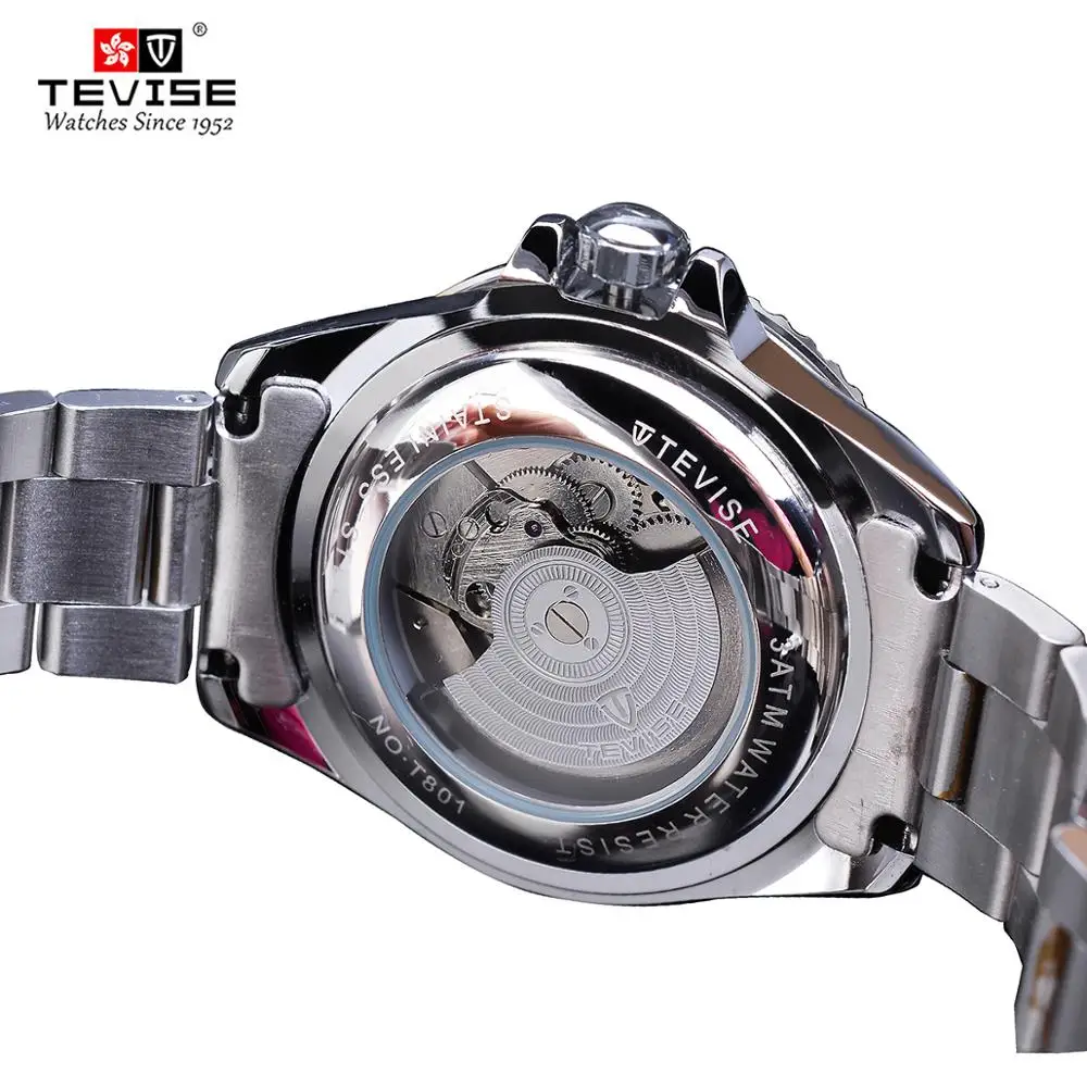 TEVISE-Montres-bracelets mécaniques Automatci, lunette noire, argent, acier inoxydable, calendrier, affichage, marque de luxe, haut de gamme, 2020