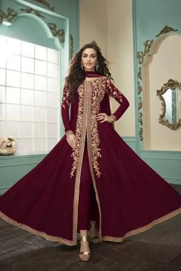 Burgundy Slit Style Embroidered bridal Anarkali Suit indian wear festival gold lace applique long sleeve wedding dress jumpsuit