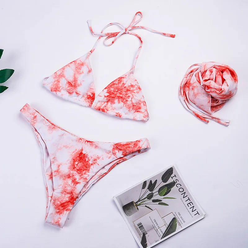 Damski Neon Tie Dye zestaw Bikini strój kąpielowy strój kąpielowy biustonosz plażowy zestaw błyszczące różowe ubrania 3 szt