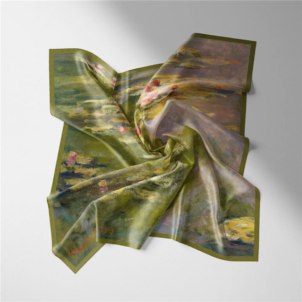 Twill Silk Scarf Woman Flowers Painting Square Scarves Wraps Bandana Small Hijab Silk Foulards Tie Headband Neckerchief 53CM