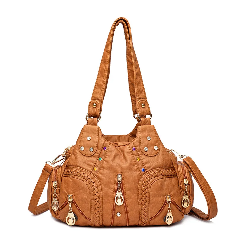 Yogodlns Vintage Weiche PU Leder Schulter Tasche Frauen Große Kapazität Handtasche Mode Umhängetasche Nähte Farbe Griff Tasche sac – Detail 24