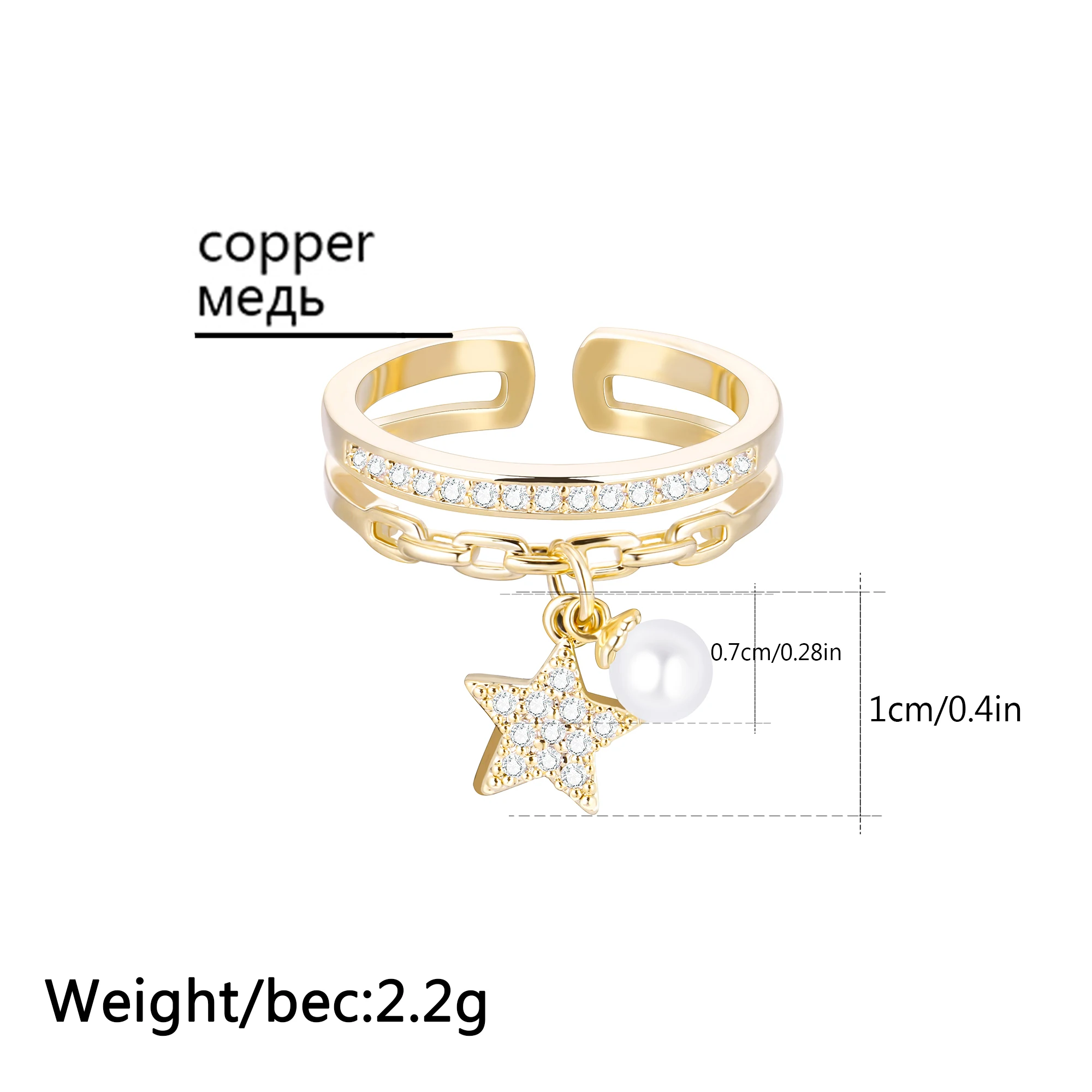 Gold Plated Cubic Zirconia Adjustable Open Ring For Women Star Pearl Pendant Rings Wedding Party Trendy Female Jewelry 2021