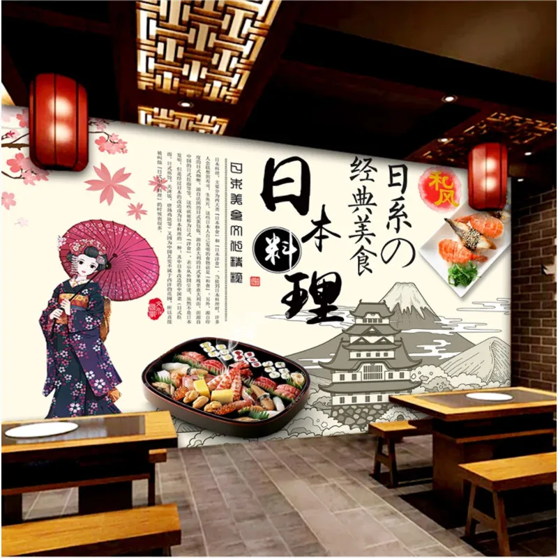 

Hand-painted Cartoon Japanese Beauty Sushi Catering Theme Background Wallpaper Restaurant Industrial Decor Mural Wall Paper 3D