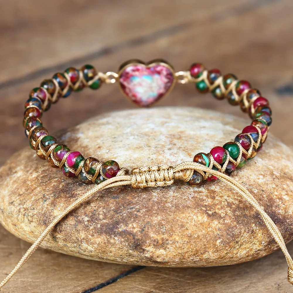 4mm Cloisonne Beaded Heart Shape Charm Bracelets Women Bohemia Yoga String Braided Bracelet Femme Handmade Jewelry