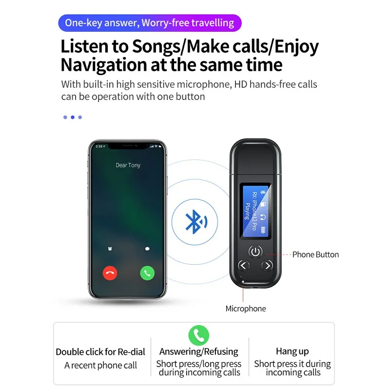 USB Bluetooth 5.0 Đầu Thu Truyền Hình Không Dây Phát Thụ Thể Âm Thanh Cho Xe Máy Tính Màn Hình LCD AUX 3.5MM Hỗ Trợ Thẻ Nhớ