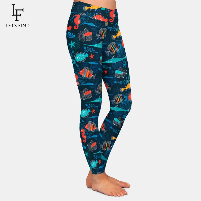 Letsfind alta elastic cintura alta casual leggings femininas 3d cartoon fish print preto menina quente leggings