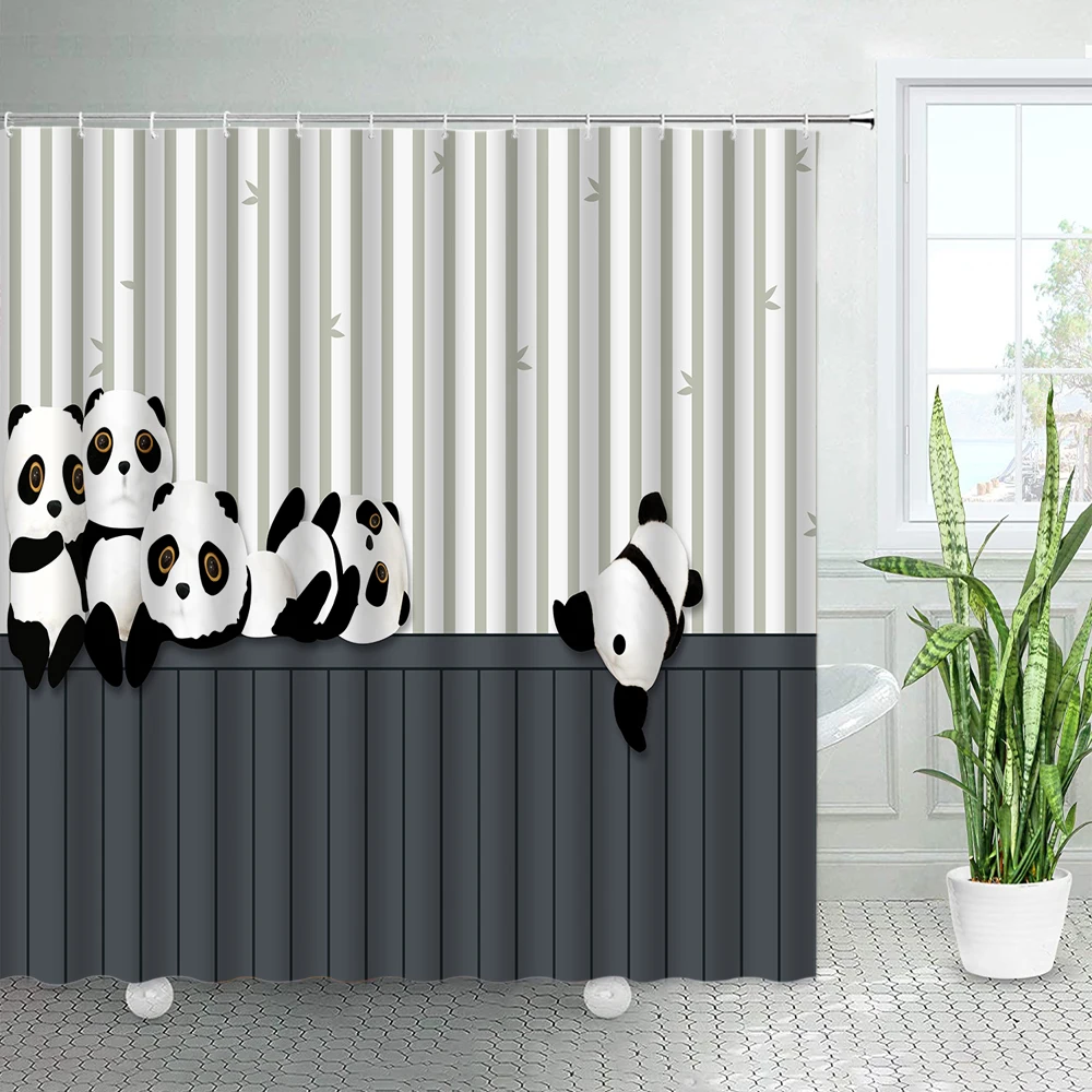 Cute Cartoon Panda Shower Curtains Green Bamboo Retro Brick Wall Chinese Style Black White Animal Children Bathroom Curtain Set