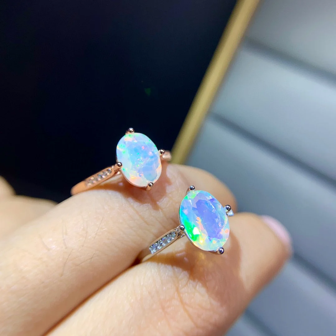 Oval 7x9mm Natural Faceted Cut Rainbow Opal Ring Real 925 Sterling Silver Engagement Wedding Rings Jewelry For Women Gift