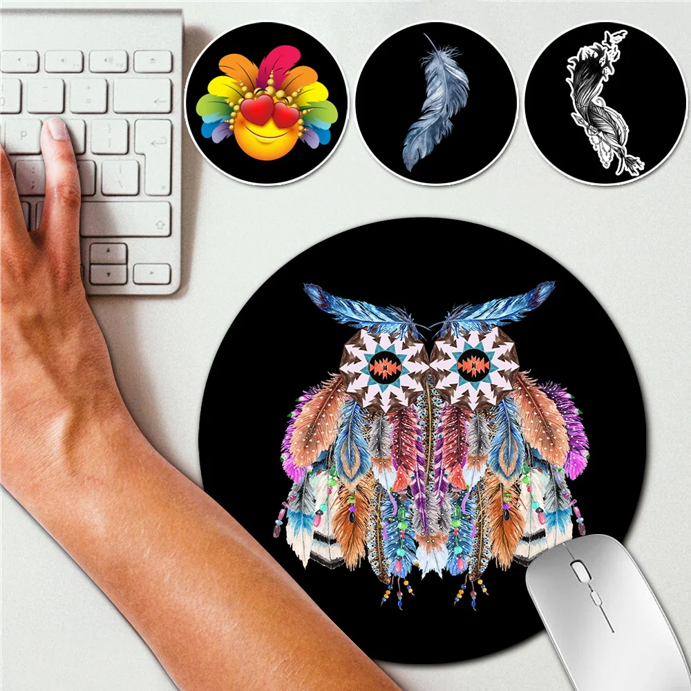 

Office Computer Mouse Pad Round Feather Printing Pattern Waterproof PU Leather Laptop Cushion Desk Non-slip Mat Gamer Mousepad