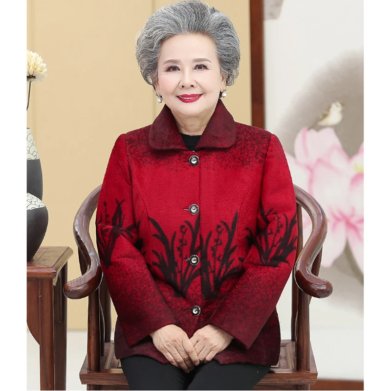 Middle-aged and Elderly Women\'s Coat Winter Jackets Short Imitate Mink Fleece Single-Breasted Thicken Printing Overcoat 5XL