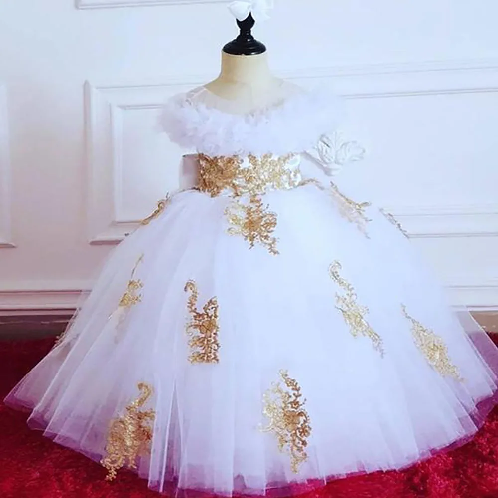 Blanco encaje pura cuello vestido de Tutu vestidos de niña de las flores de tul elegante anillo corazón doble niños concurso de belleza de cumpleaños Weddding vestidos