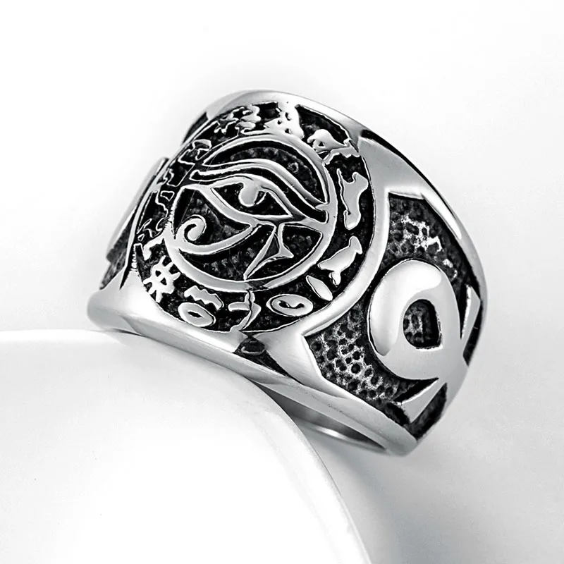 Valily Egyptian Pharaoh Eye of Horus Rune Amulet Rings Mens Ankh Cross Silver Color Rings Stainless Steel Biker Ring Jewelry