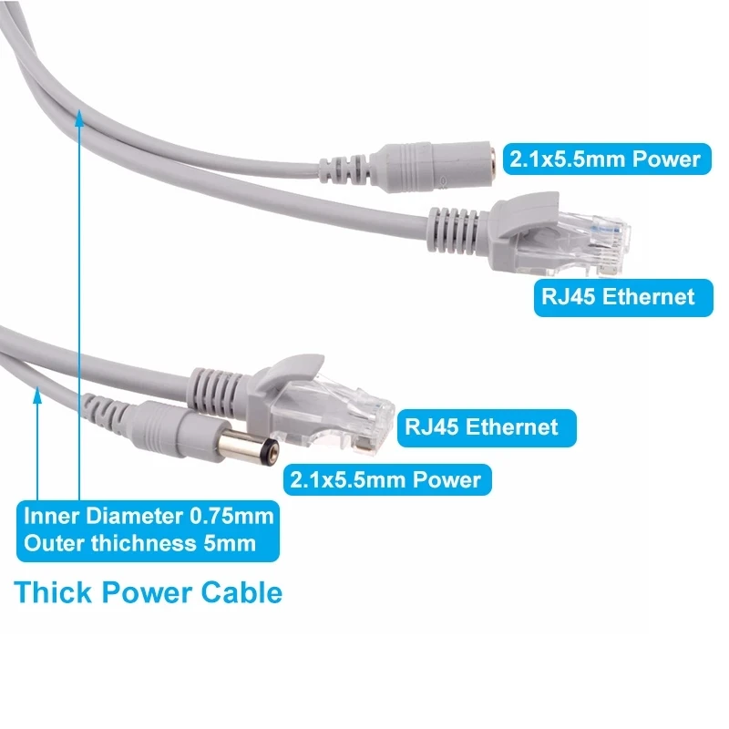 5M 10M 20M 30M Camera Connection RJ45 Network Cable with 12v DC Thick Power 2.1x5.5mm Integrated Extension Ethernet Wires