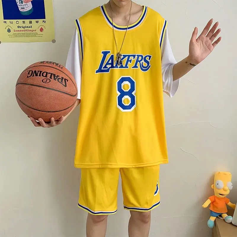 Summer basketball leisure sports suit male Hong Kong style trend fake two-piece short-sleeved t-shirt youth five-point pants set