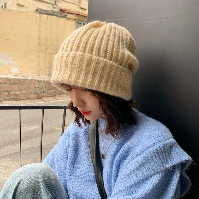 2020 Women Hat Knitted  Winter Warm Cap Female Hip Hop Solid Color Cotton Knitting Muts  Curled Coarse Wool Multicolor Big hat