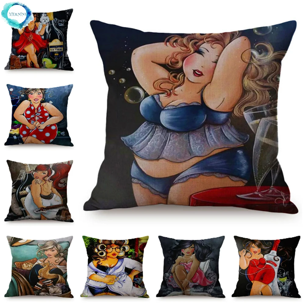 

Sexy Fat Girl Portrait Decorative Pillows Cover Fashion Woman Big Ass Print Cotton Linen Cushion Cover for Home Decor Bar Sofa