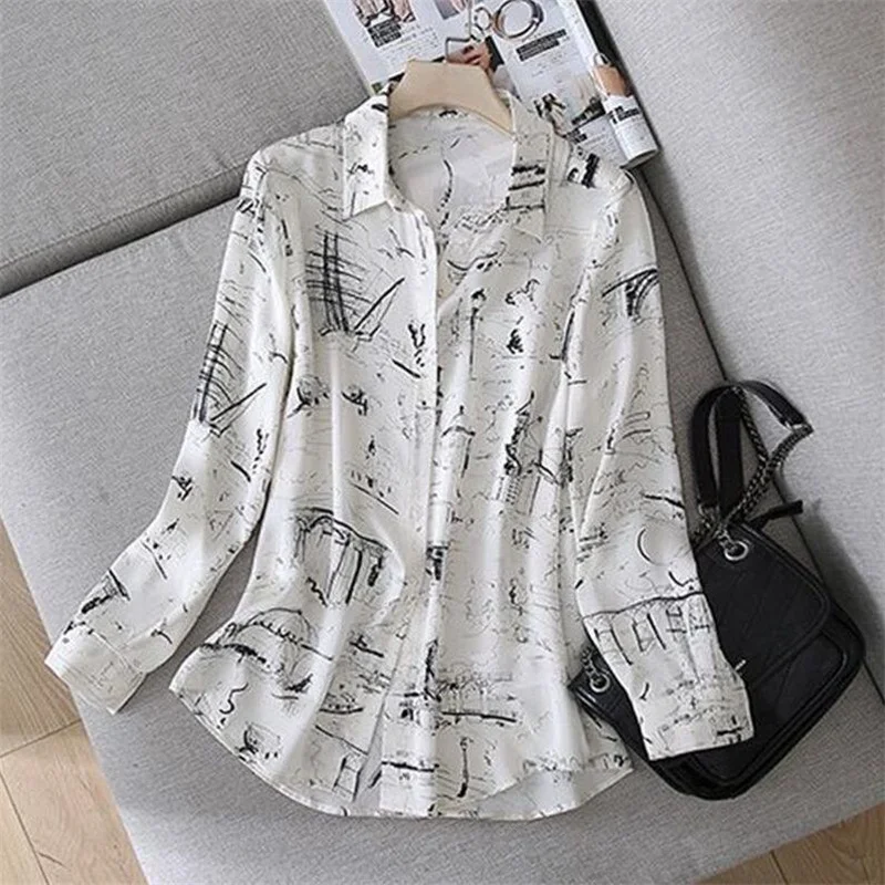 Women\'s printed chiffon Shirt Lapel long sleeves Summer thin Feminine Floral Tops loose Base shirt top trendy Female Blouse