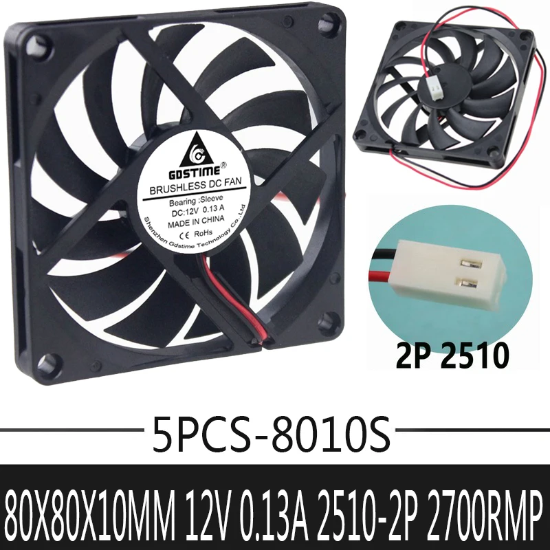 5pcs/lot Gdstime DC 8010 12V Cooler 80*80*10mm 2510-2p 8cm Sleeve Bearing 80mm×10mm Computer CPU Cooling axial  Fan