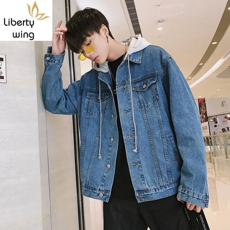 

Autumn Winter Loose Fit Hooded Denim Jacket Men Baggy Korean Fashion Student Boyfriend Jeans Coat 2020 New Plus Size Overcoat