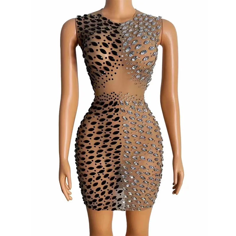 

Women Sexy Silver Stones Sleeveless Transparent Dress Birthday Celebrate Stretch Mesh Dress Stage Dancer Bar Singer Dress