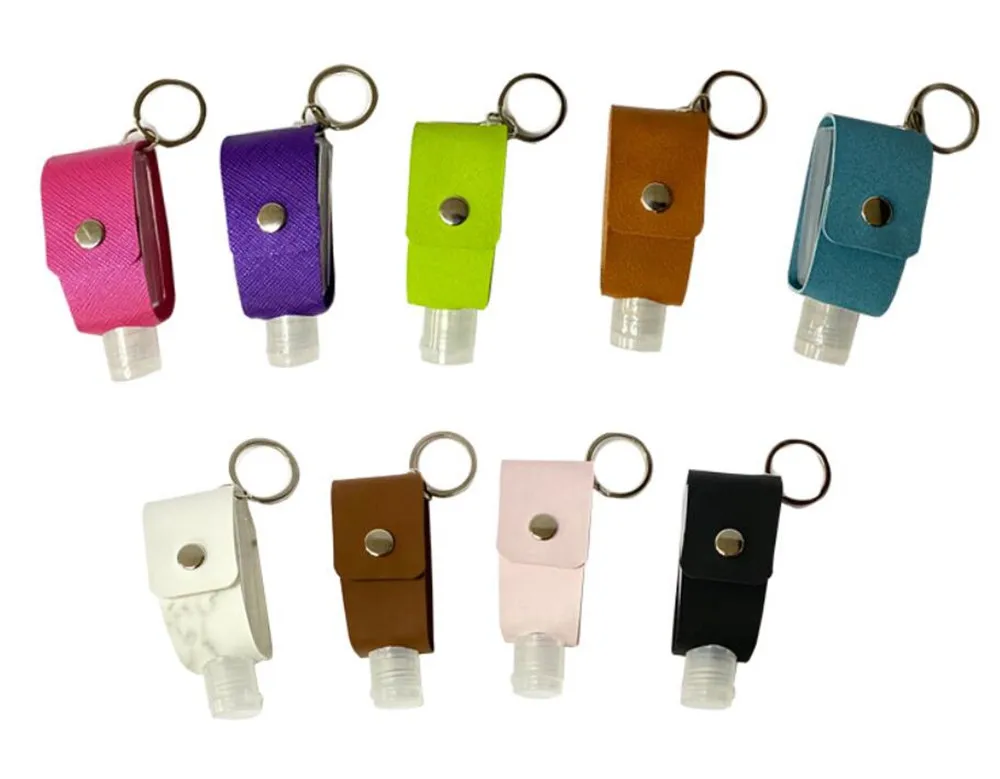 Hot 100pcs/lot Disinfect Hand Sanitizer Leather Keychain Holder Travel Bottle Refillable Containers 30ml Reusable Bottles