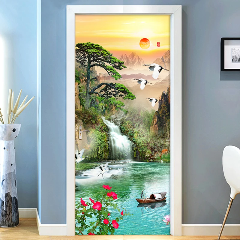 

Beautiful Mountain Waterfall Door Sticker Living Room Bedroom Self-Adhesive Waterproof Mural Wallpaper For Wall 3D Decal Sticker