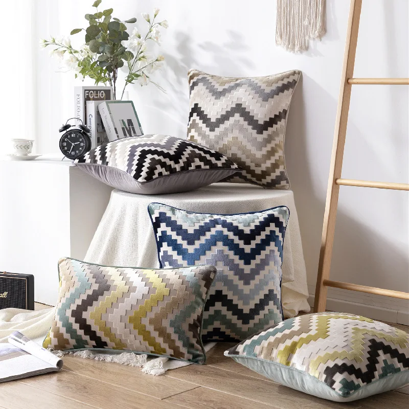 Fluwelen Kussenhoes Zachte Kussensloop Zigzag Grijs Koffie Blauw Duurzaam Dikke Huis Decoratieve Voor Slaapbank 45x4 5Cm/30x5 0Cm/50x50c