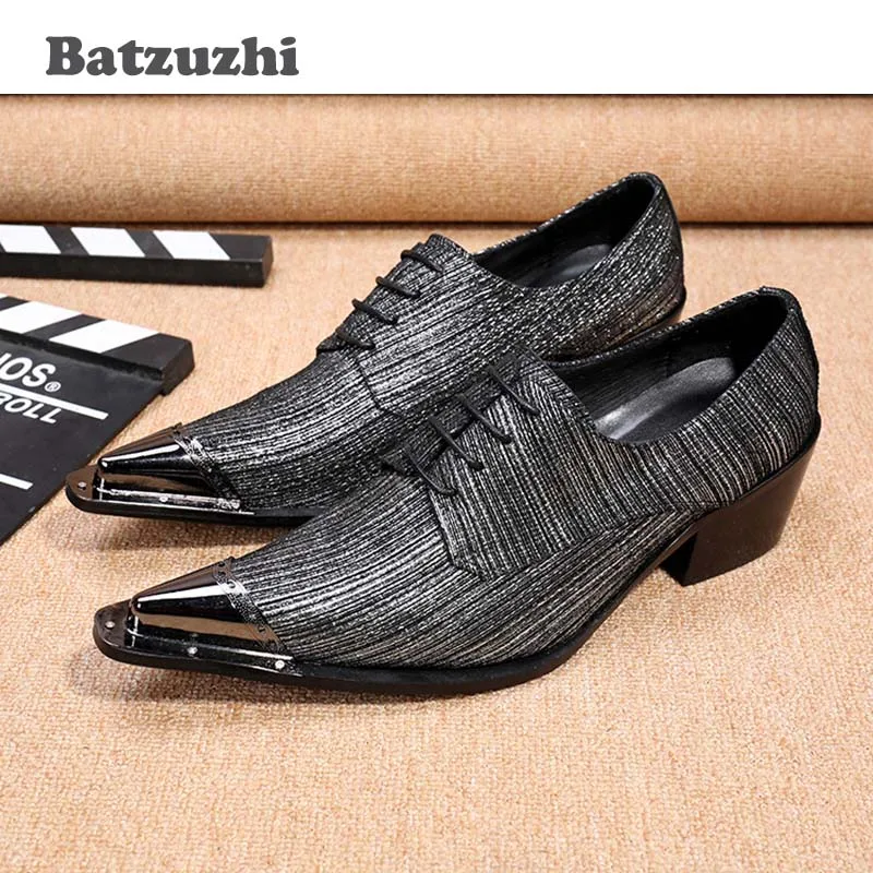 

Batzuzhi New Mens Dress Shoes Leather Italian Men Party Oxfords Metal Pointed Toe High Quality Grey Men Formal Shoes! 45/46