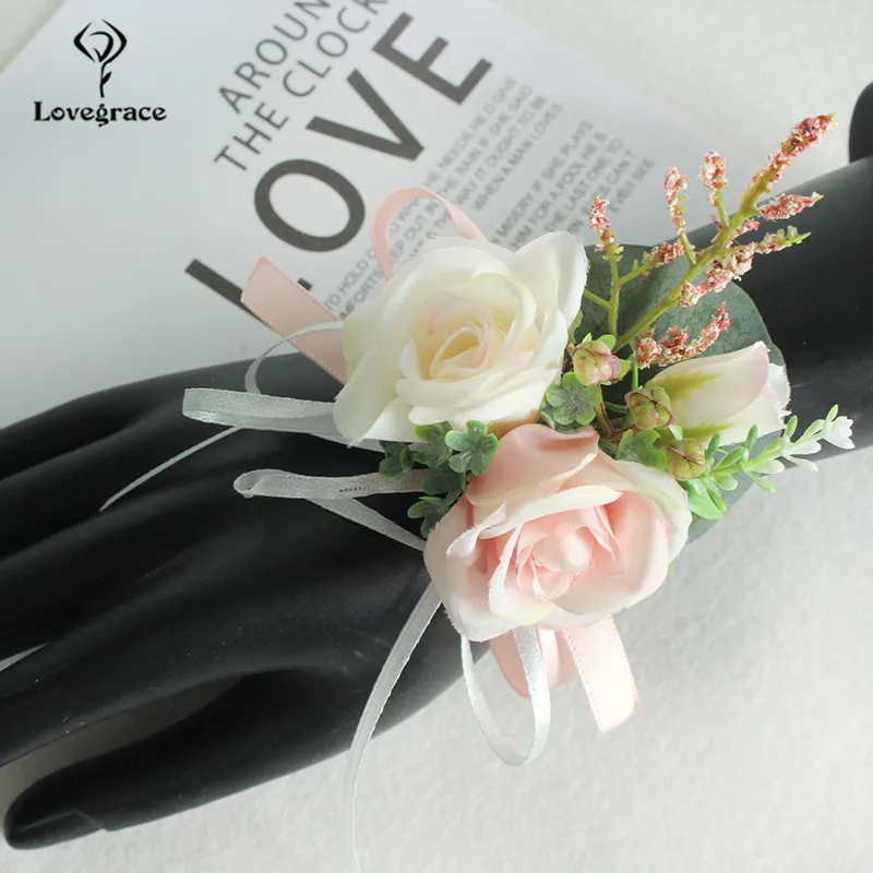 Lovegrace Wedding Boutonniere Bloem Bruidsmeisje Pols Corsage Armband Bruidegom Boutonniere Huwelijk Bruiloft Getuige Roze Zijde Roos