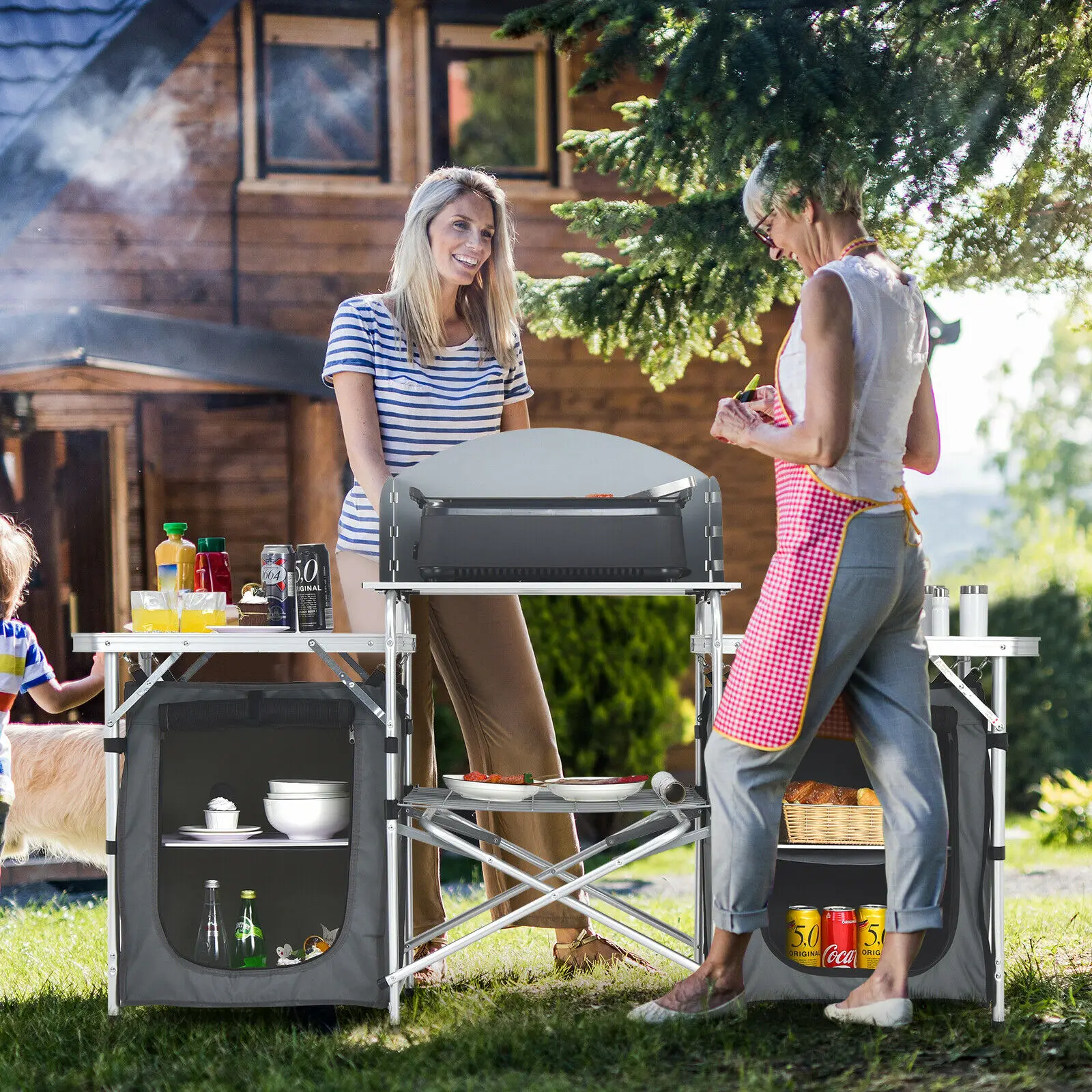 Folding Portable Aluminum Camping Grill Table w/ Storage Organizer Windscreen