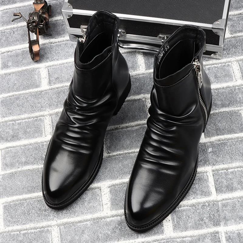 mens fashion party nightclub motorcycle boots black genuine leather shoes trend handsome cowboy boot young gentleman short botas