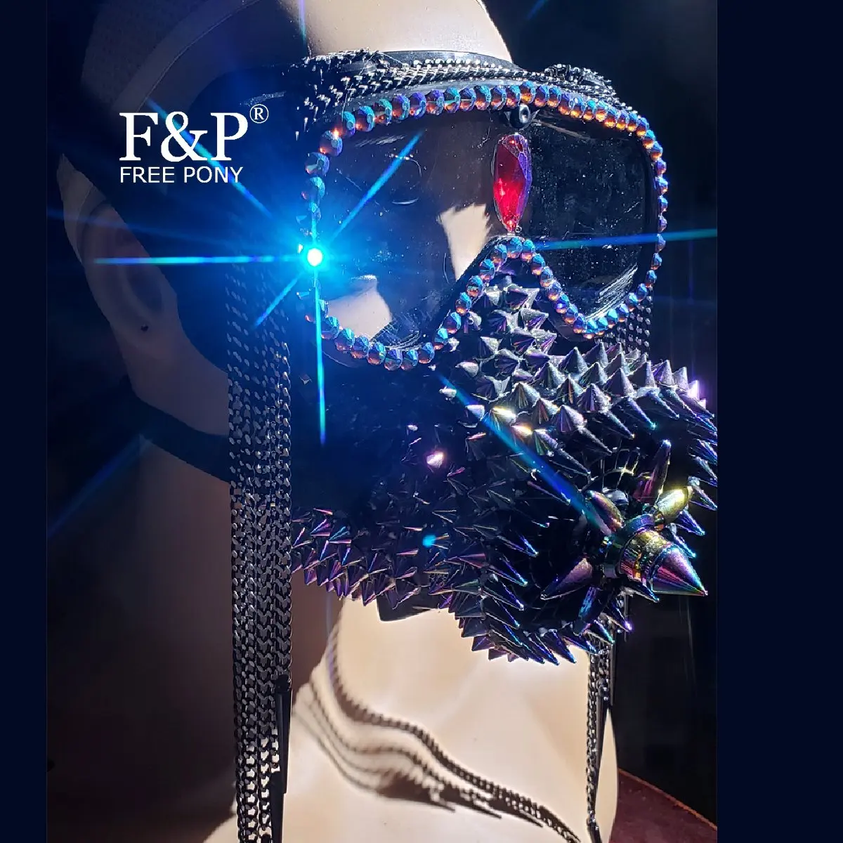 Burning Man Festival Holographic Rhinestone Spike Steampunk Mask Goggles Halloween Costume Gogo Dancer Accessories