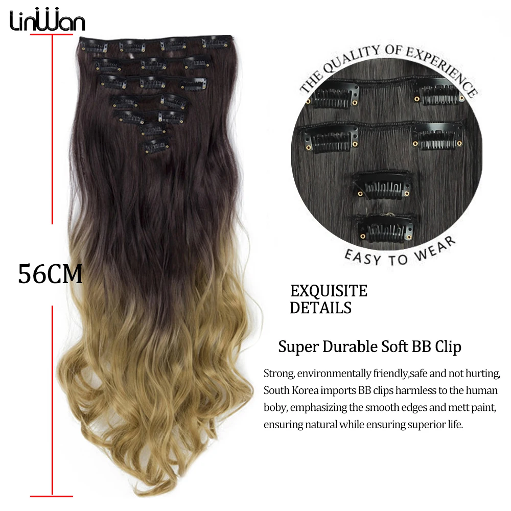 16 Clips In Hair Extensions Ombre Blonde Black Gray 22 Inch Long Synthetic Wavy Hair Heat Resistant False Hairpiece For Women