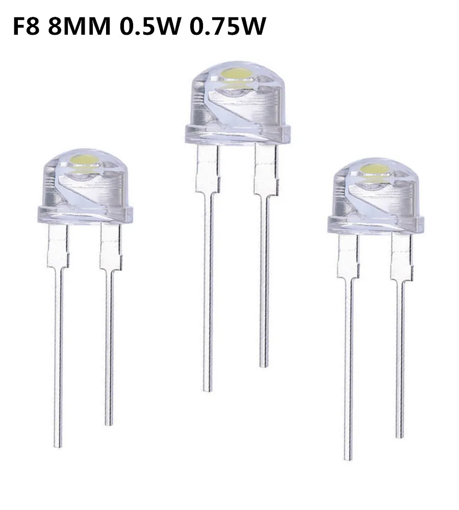 20PCS 100PCS  LED 8mm Straw Hat  Lamp Bead are White Cold Light 0.5W 0.75W  Big chips F8MM Hight Power Hat Light-emitting Diode