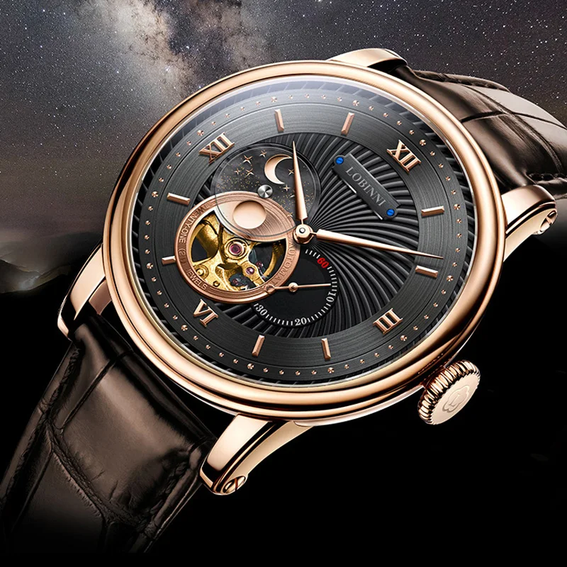 Reloj mecánico automático LOBINNI de lujo para hombre, reloj de pulsera con segunda subesfera, reloj resistente al agua con cristal de zafiro