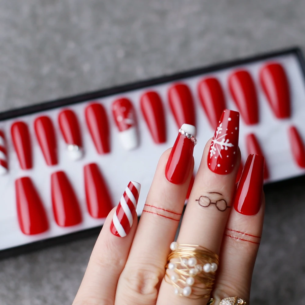 

Christmas candycane Coffin False nails with box Acrylic crystal DIY Style Art Fake nalis Tips Press on nails Snow Christmas hat